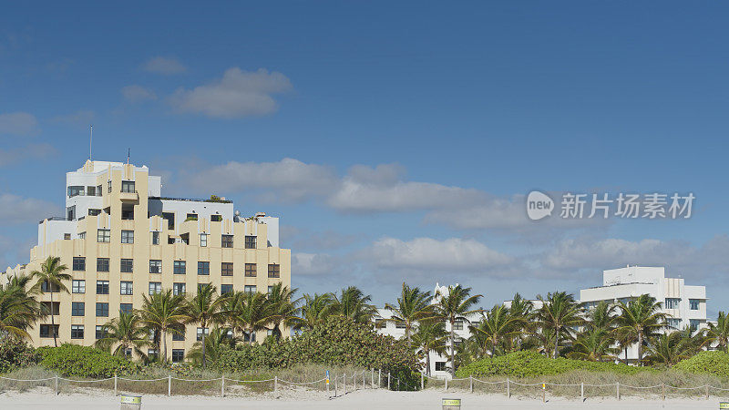 棕榈树和装饰艺术建筑在迈阿密海滩，FL -航拍